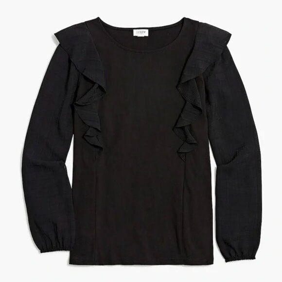 NEW J. Crew Ruffle-Shoulder Top Plaid Jacquard Sleeves Pullover Stretch Cotton L - Picture 6 of 13